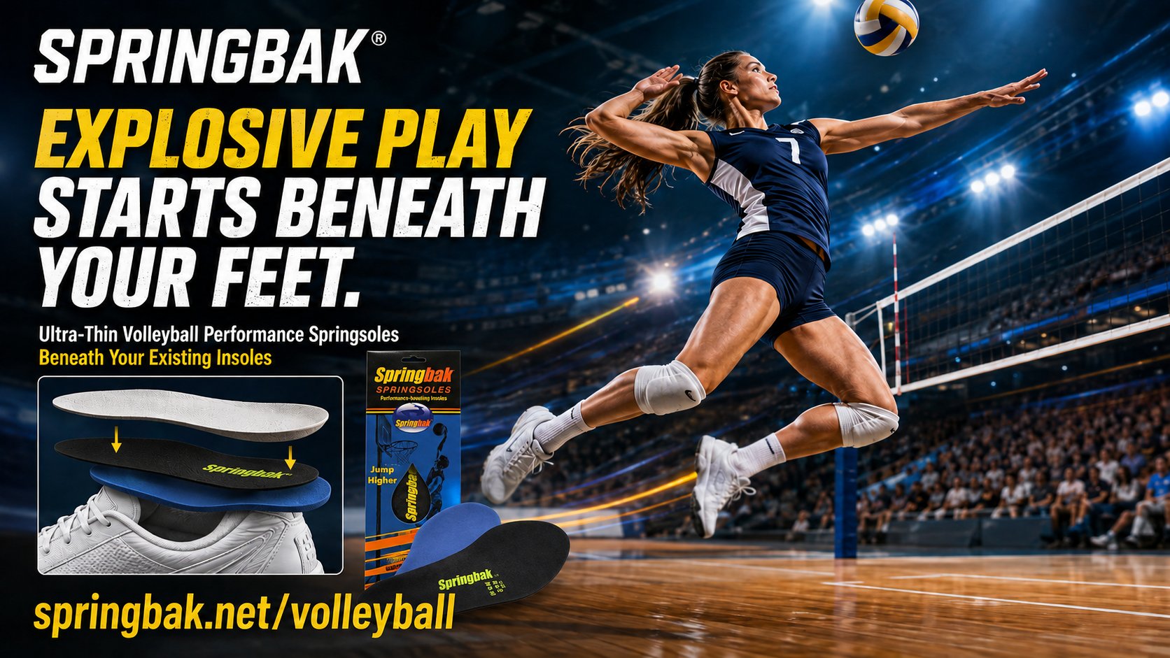 Volleyball player leaping for a spike at the net, with Springbak® wordmark and the line 'Explosive play starts beneath your feet'