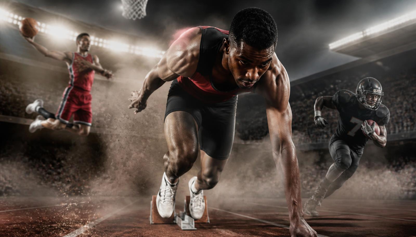 Sprinter exploding out of the blocks with a basketball dunk and football cut behind him