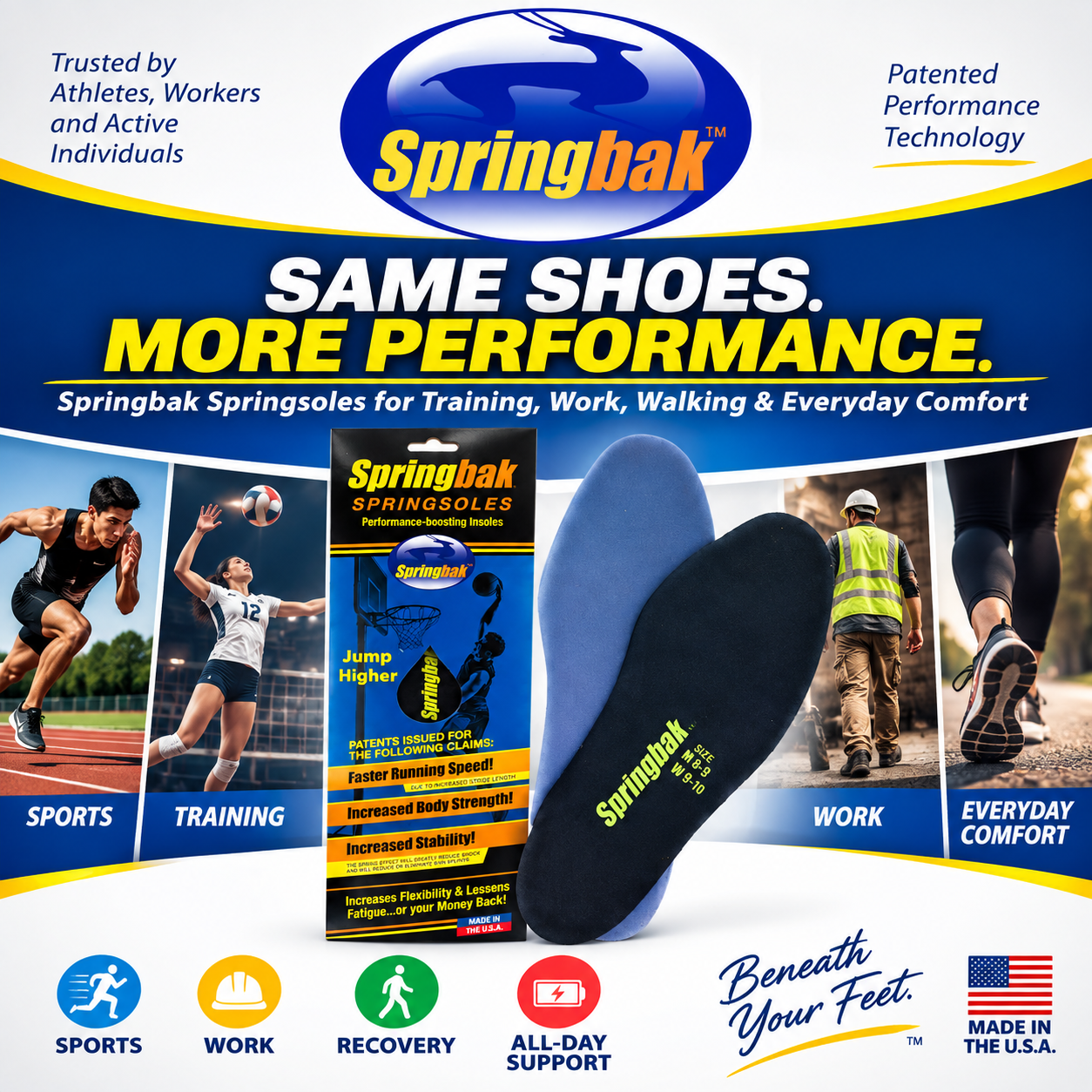 Springbak® marketing banner reading 'Same shoes. More performance.' with athletes sprinting on a track, training in the gym and working on the job