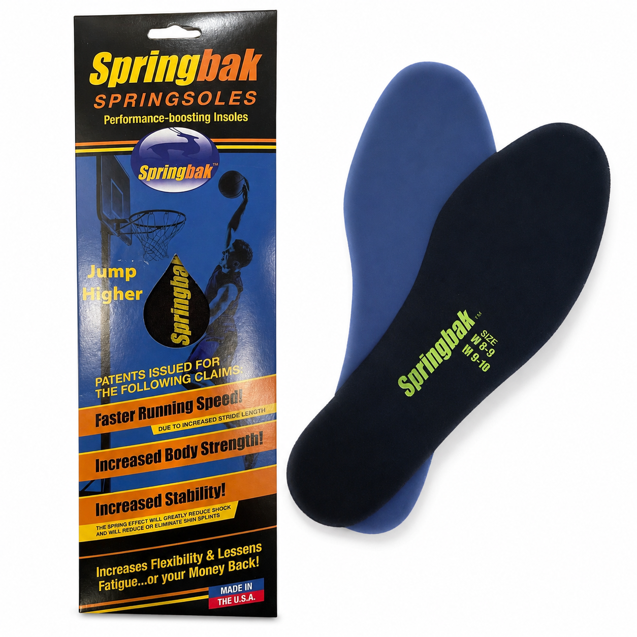 Springbak® Springsoles retail packaging showing a basketball player dunking, beside a pair of ultra-thin blue and black performance insoles