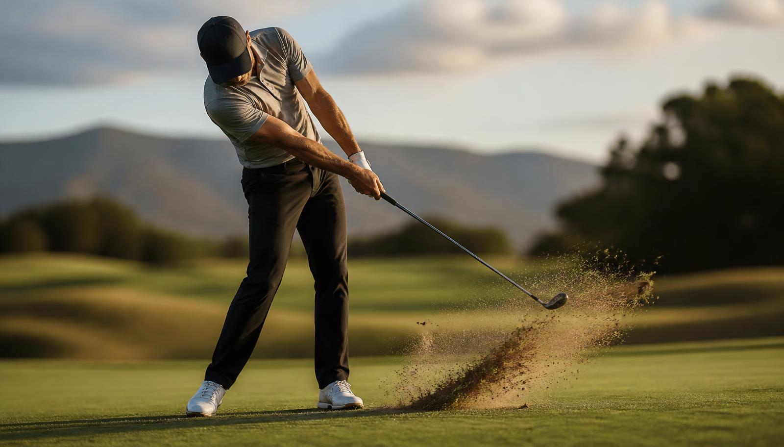 Golfer at impact driving through the turf with a divot spraying