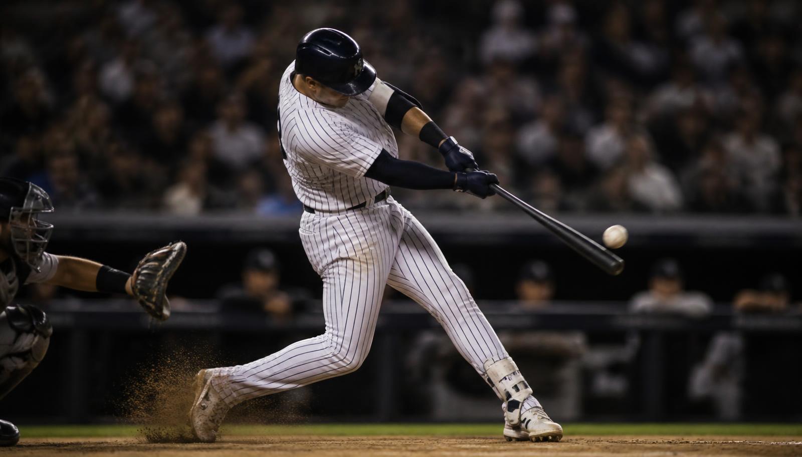 Baseball hitter driving through the ball with dirt kicking off the back foot