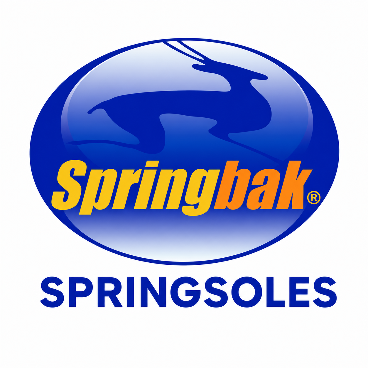 Official Springbak® Springsoles blue oval logo featuring a leaping gazelle silhouette