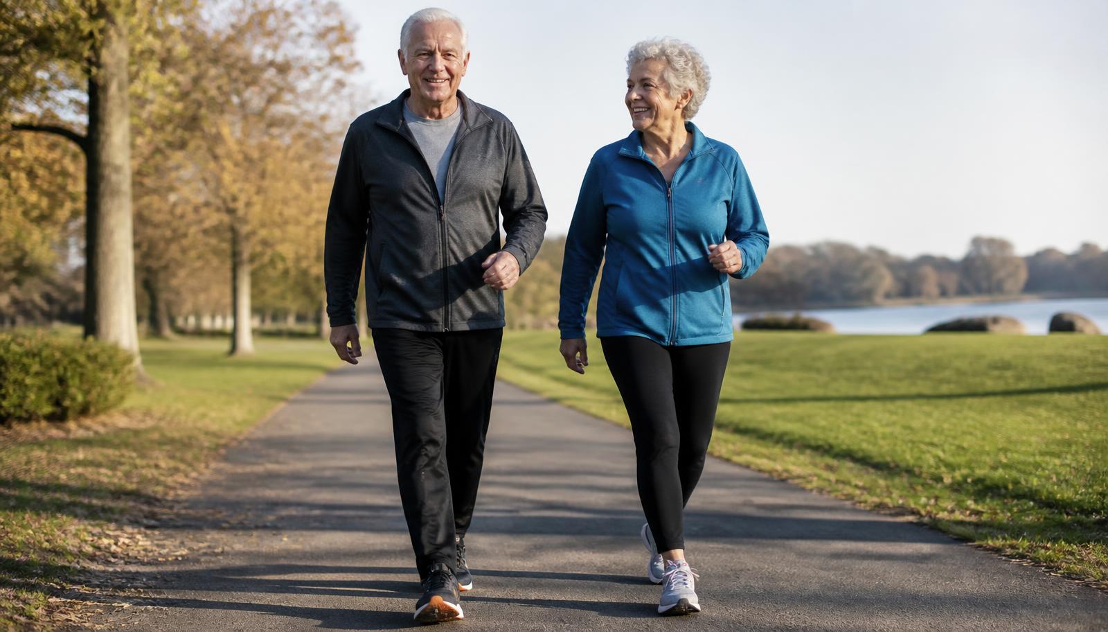 Active senior couple walking confidently on a park path in athletic shoes