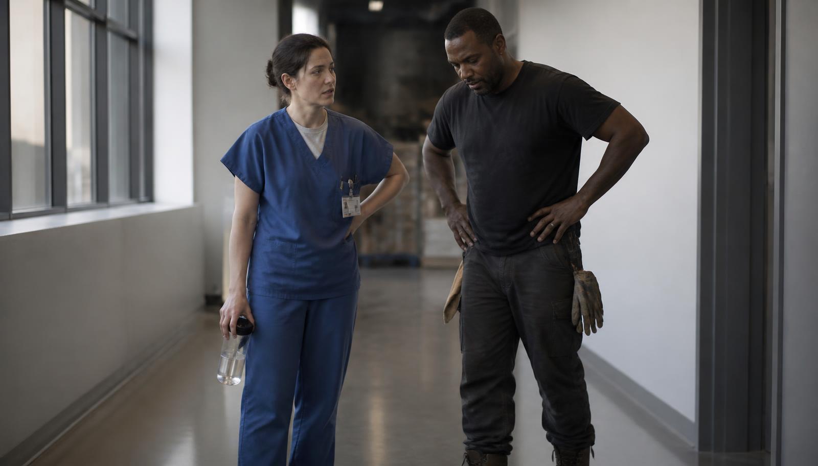 Nurse in scrubs standing on a hard hospital corridor floor at the end of a long shift