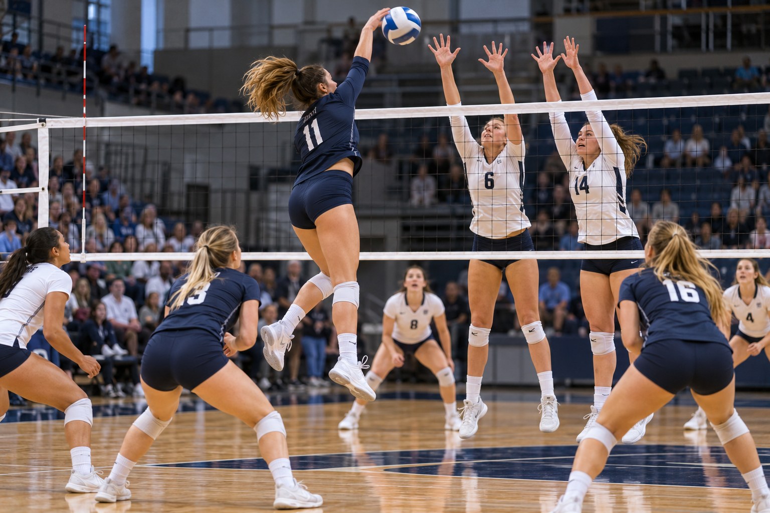 Volleyball hitter in navy, number 11, spiking the ball over two blockers in white at the net
