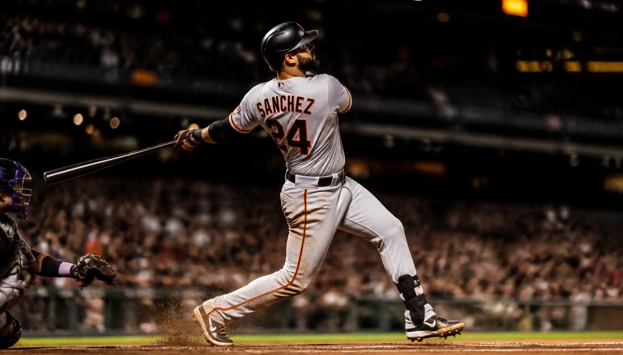 Baseball hitter driving out of the batter's box just after contact, dirt spraying from his metal cleats under stadium lights