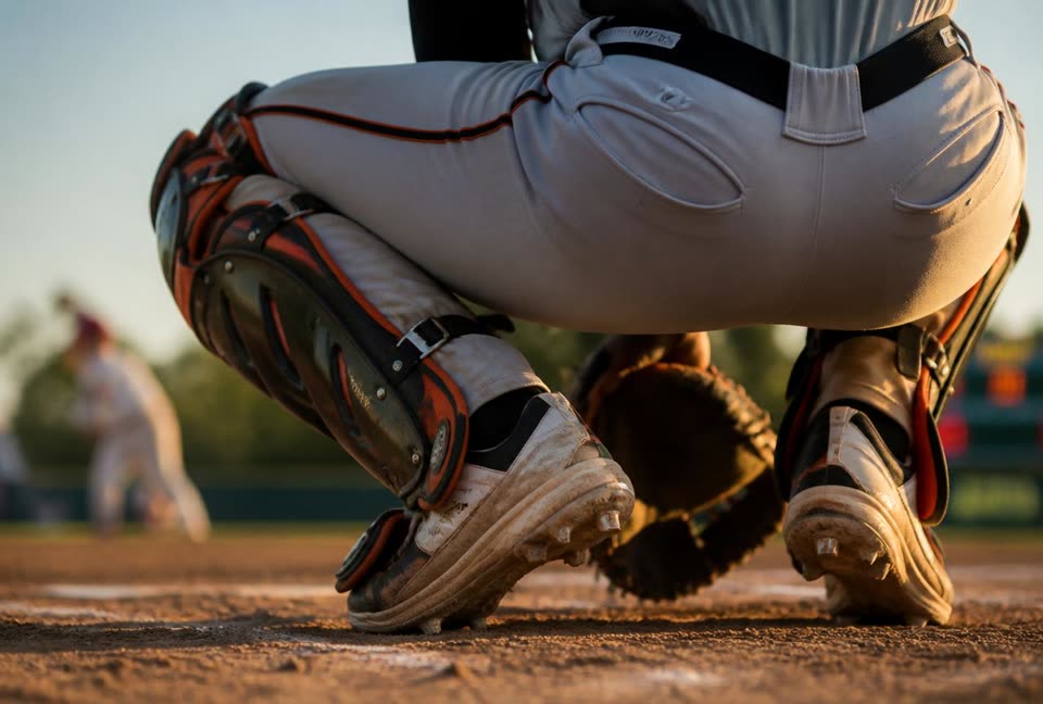 Low angle on a catcher's cleats and shin guards pressed into the dirt behind home plate