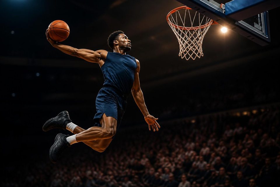 Basketball player driving to the rim late in a game