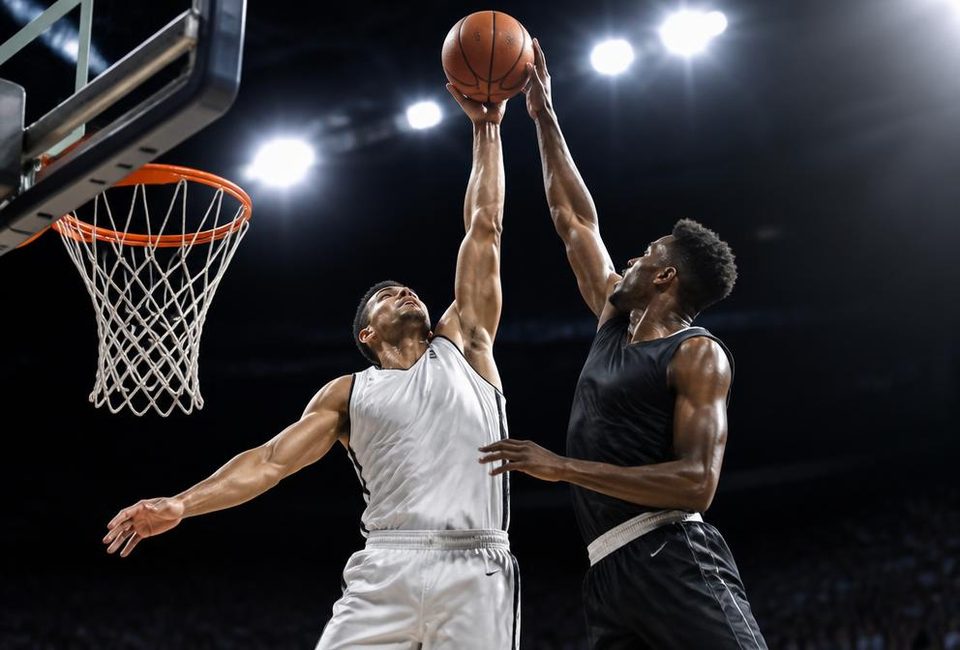 Two basketball players contesting a rebound above the rim under arena lights