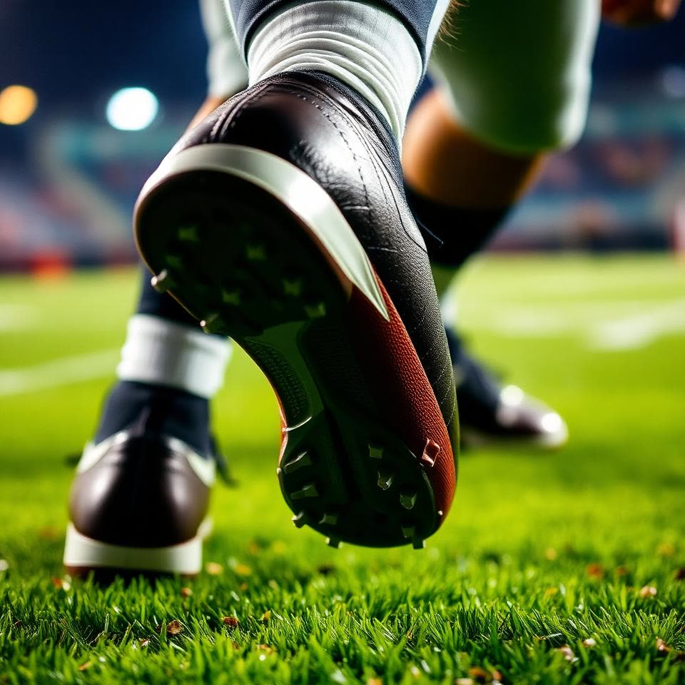 Close-up of football cleats driving into the turf at the line of scrimmage, pellets flying