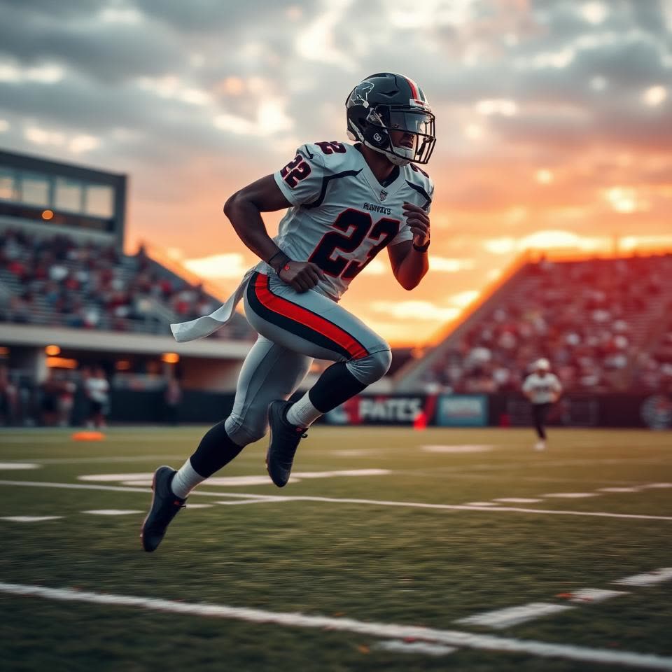 Football wide receiver sprinting downfield on turf at full stride, cleats planted mid-push-off