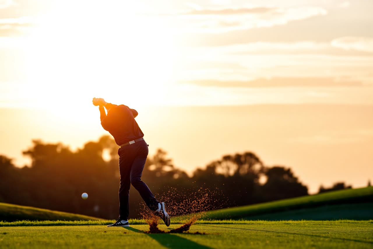 Golfer mid-swing at golden hour, driving through the ball with ground force, divot spraying from the fairway