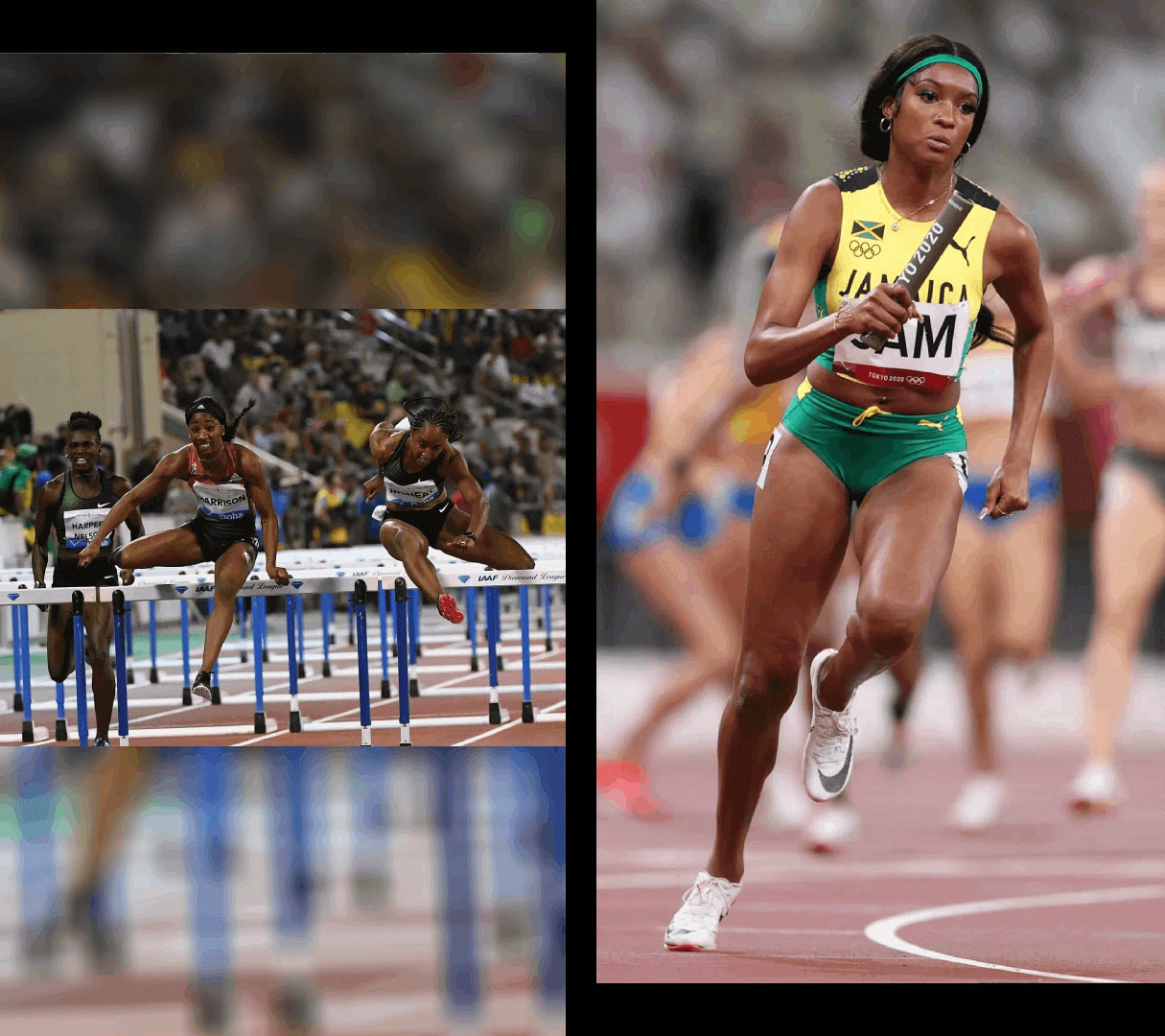Two athletes competing in a hurdles race on a track