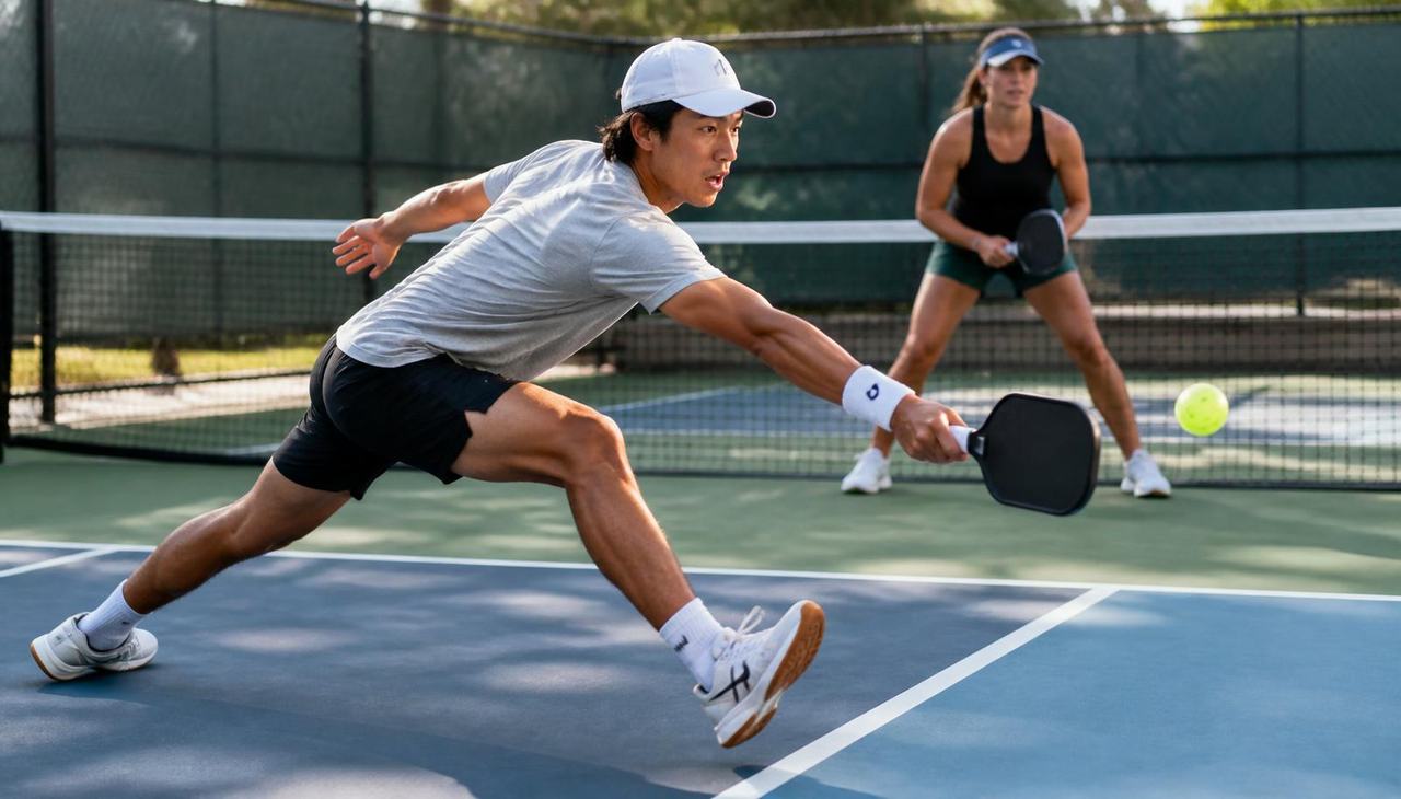 Pickleball player lunging laterally toward the kitchen line with paddle extended