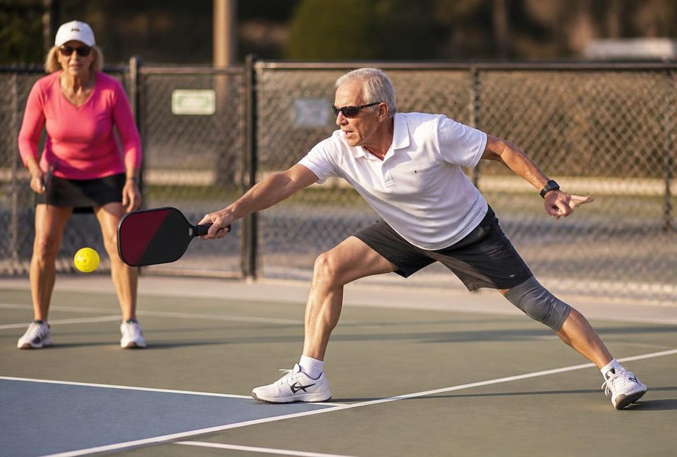 Senior pickleball players mid split-step on an outdoor community court in morning light