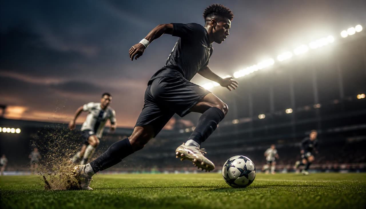 Soccer player driving forward with the ball under floodlights, cleats spraying turf on the sprint