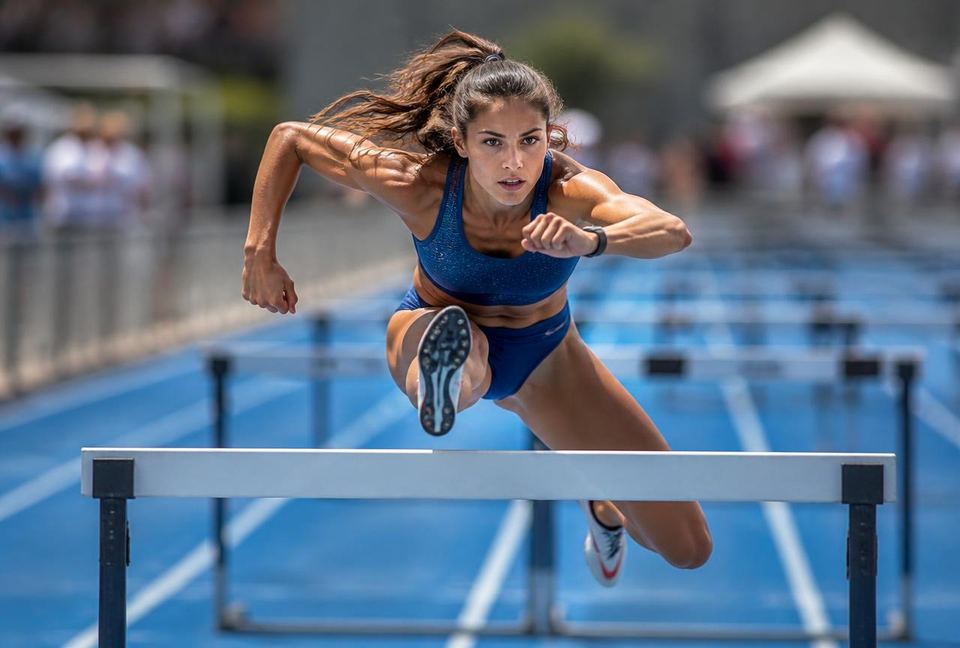 Hurdler clearing a barrier on a red synthetic track