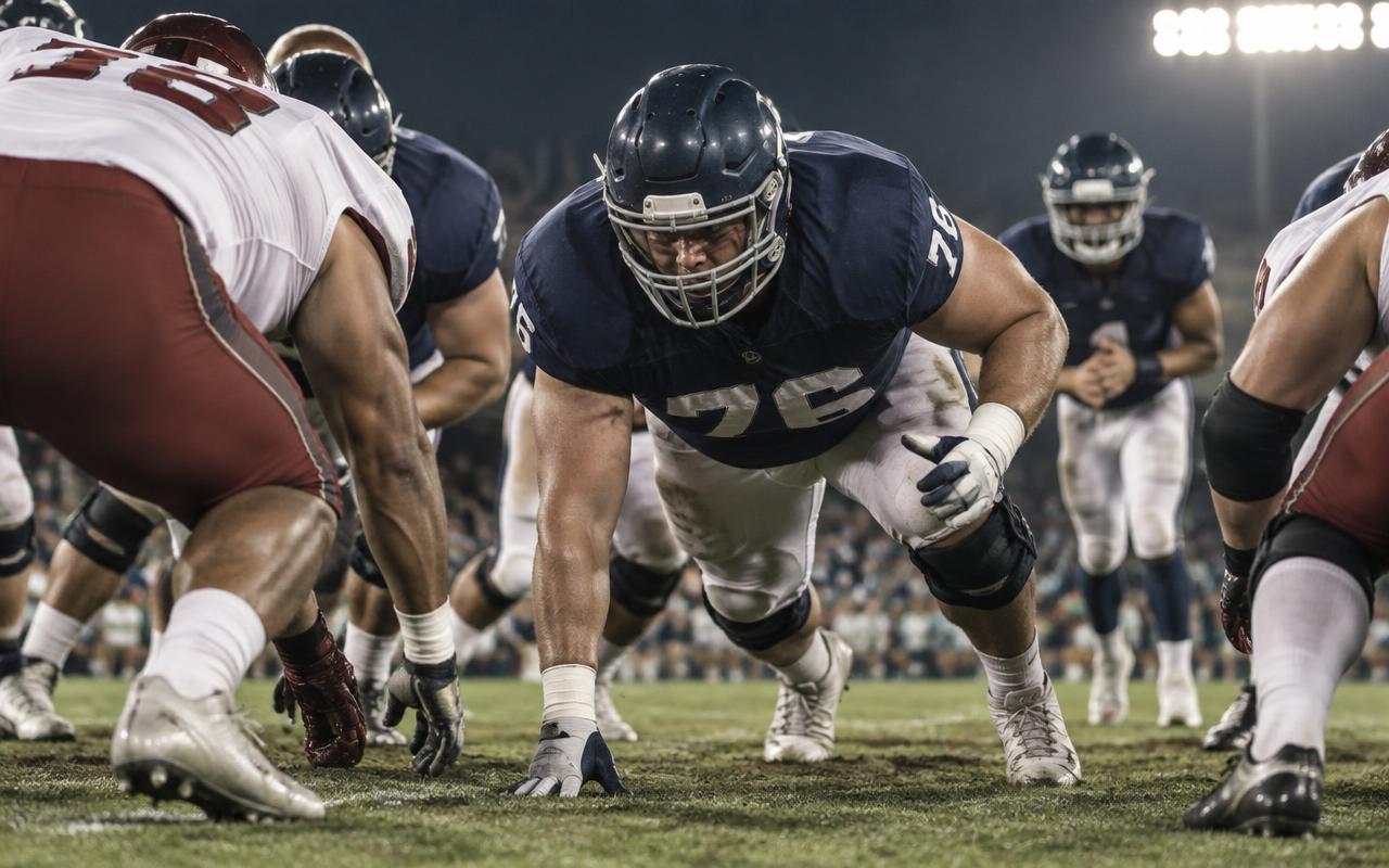 Football lineman in a three-point stance at the line of scrimmage