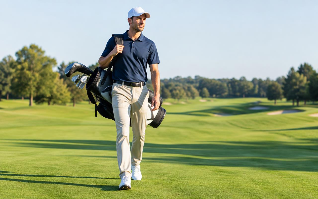 Golfer walking the fairway carrying a bag