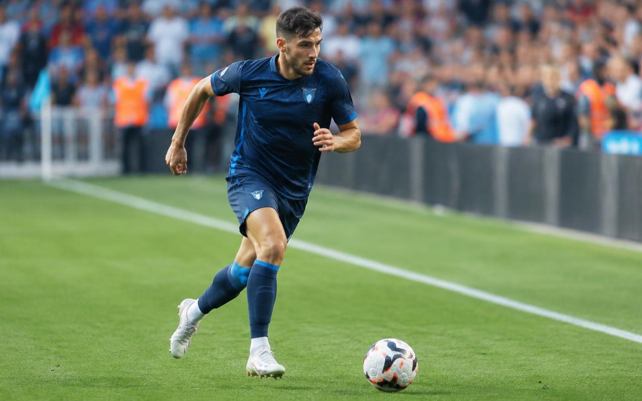 Soccer player sprinting down the touchline with the ball