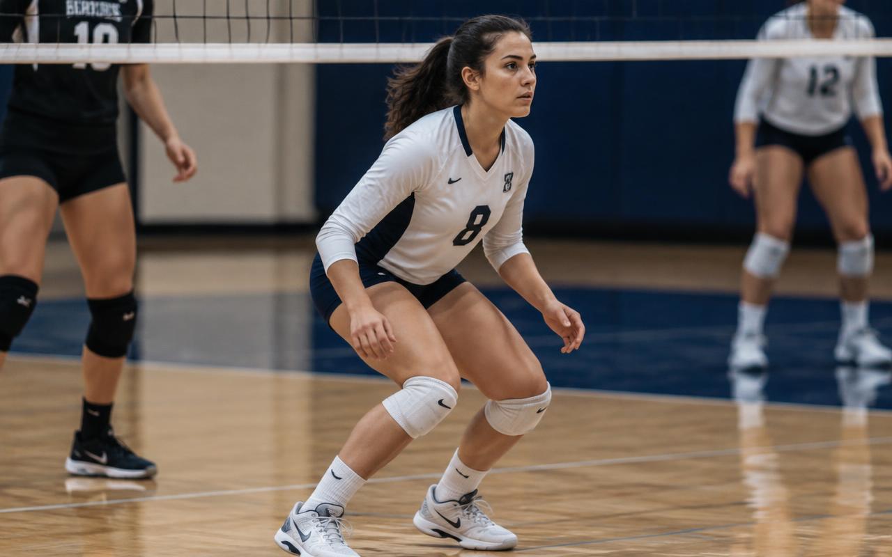 Volleyball player in a ready stance at the net