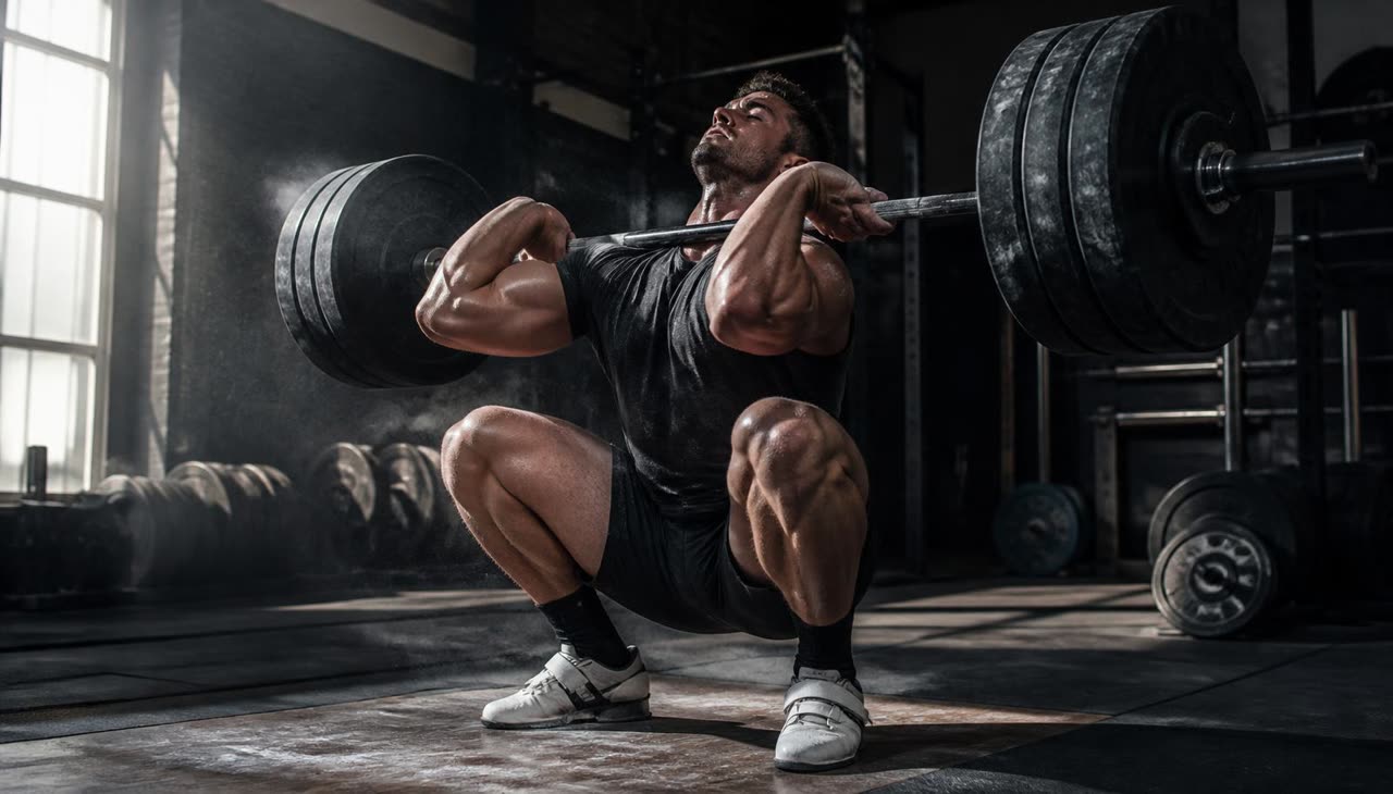 Athlete catching a barbell power clean in a chalk-dusted weight room, lifting shoes planted on the platform