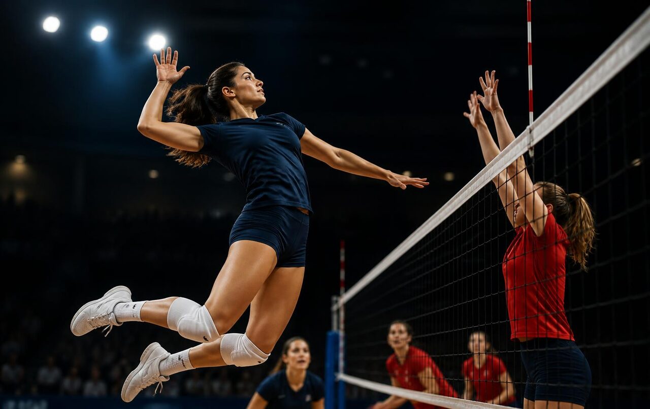 Volleyball outside hitter at the peak of an approach jump, arm cocked to spike above the net