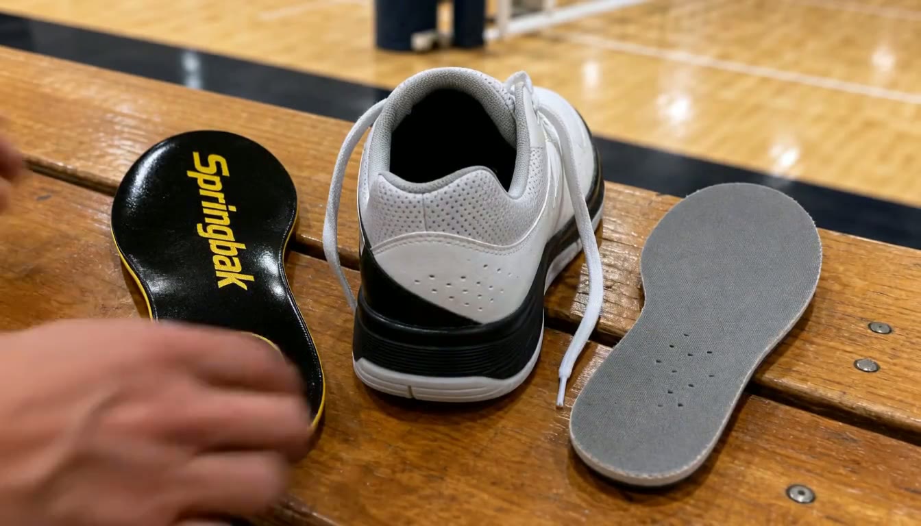 Black Springsole, white court shoe, and removed gray factory liner on a gym bench
